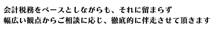 会計税務をベースとしながらも、それに留まらず幅広い観点からご相談に応じ、徹底的に伴走させて頂きます